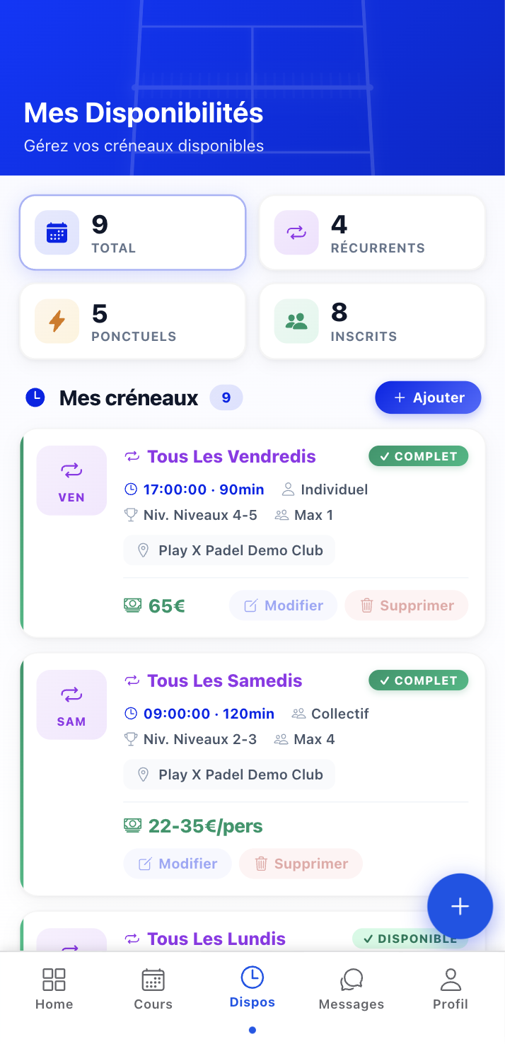 Vue agenda du coach